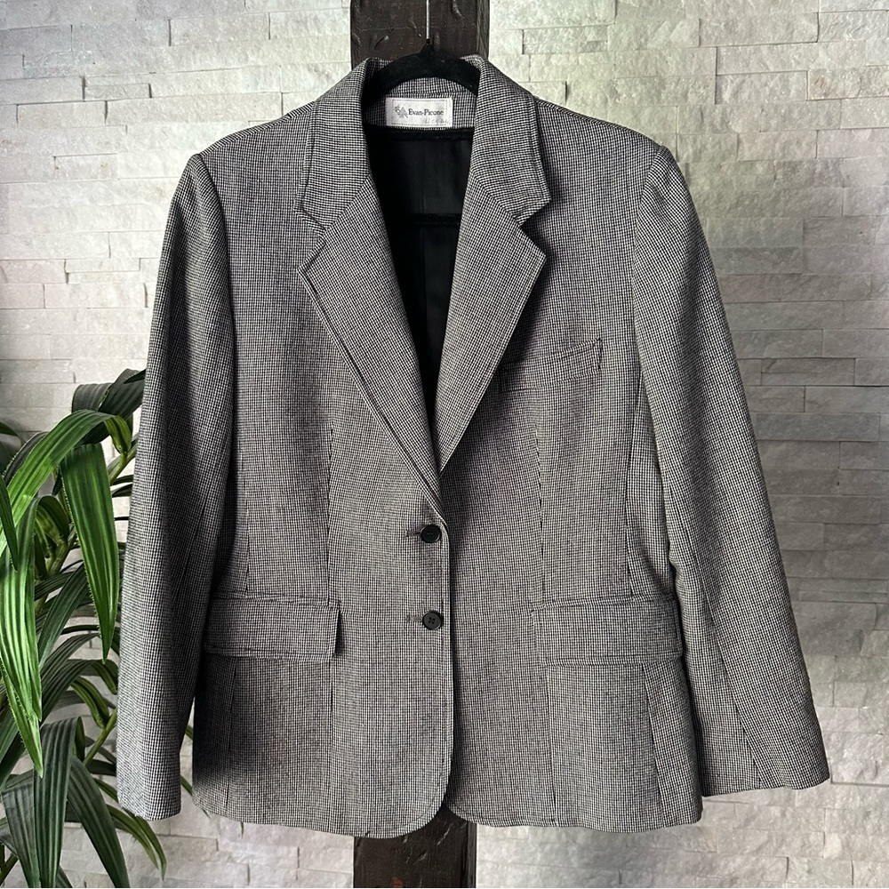 EVAN PACONE Vintage Houndstooth Wool Tweed Black White Blazer Size 14